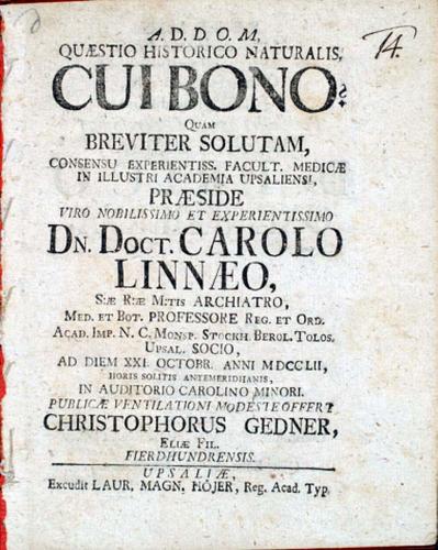 Quaestio historico naturalis: Cui Bono?  Quam breviter solutam ... cover