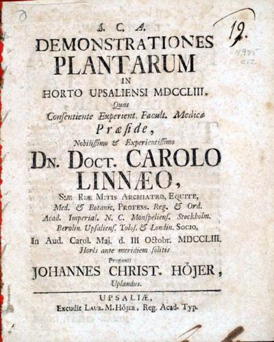 Demonstrationes Plantarum in Horto Upsaliense 1753, ... cover